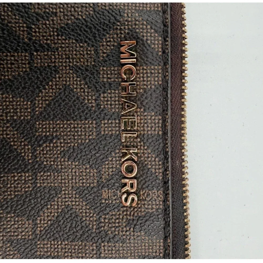 Michael Kors Brown Monogram Wristlet Bag Small Clutch Gold Hardware